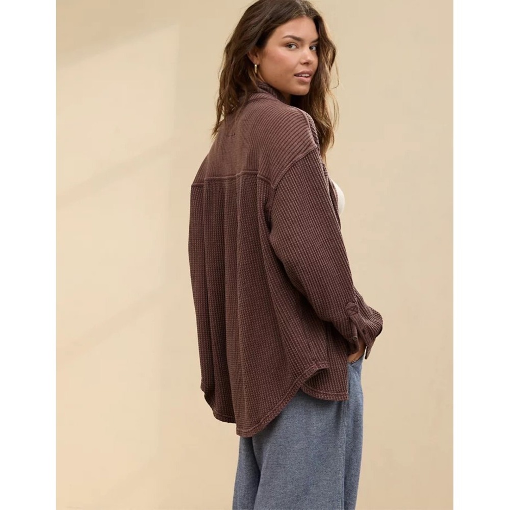 Aerie LumberJane Waffle Knit Shacket Oversized Button Up Brown Size Small Read